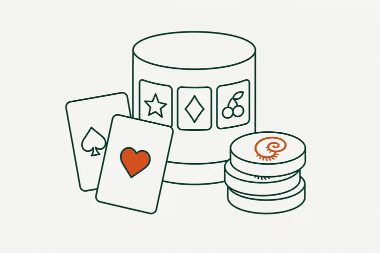 Line drawing of a reel drum with symbol windows, two playing cards leaning against it and three round play tokens stacked alongside.