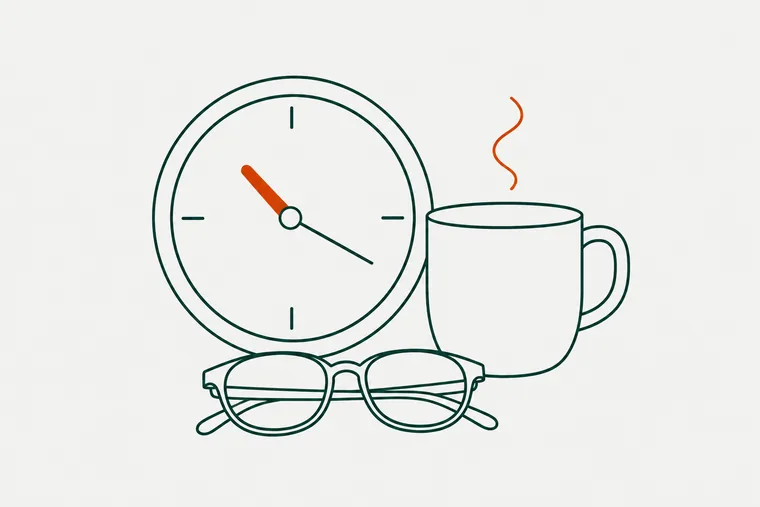Line drawing of a wall clock with an orange hand, a steaming mug beside it and a pair of reading glasses folded in front.