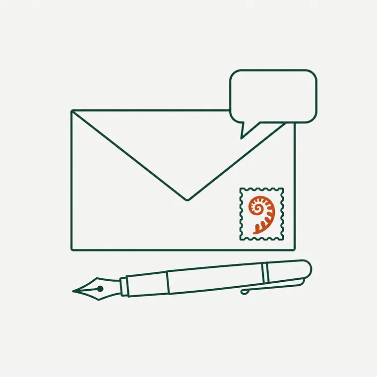 Line drawing of a sealed envelope with a fern-spiral stamp and a speech bubble behind it, with a fountain pen resting below.