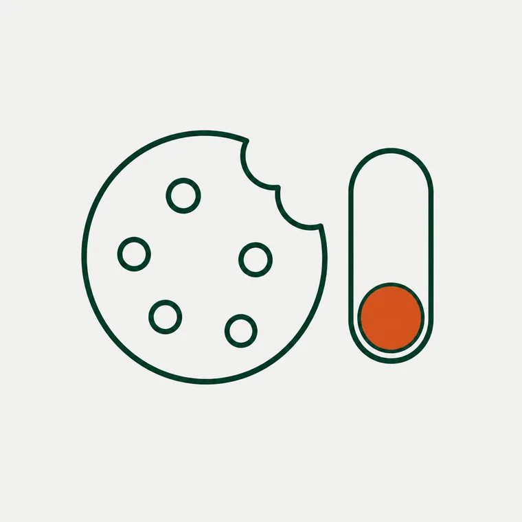 Line drawing of a biscuit with a bite taken out of it, beside a toggle switch shown in the off position with an orange knob.