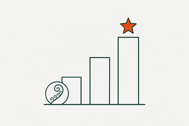 Line drawing of three rising bars with an orange star above the tallest and a fern-spiral shape resting at the left.