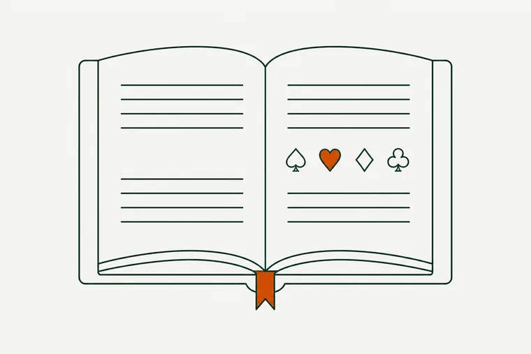 Line drawing of an open book with ruled lines and a row of spade, heart, diamond and club symbols on the right page.