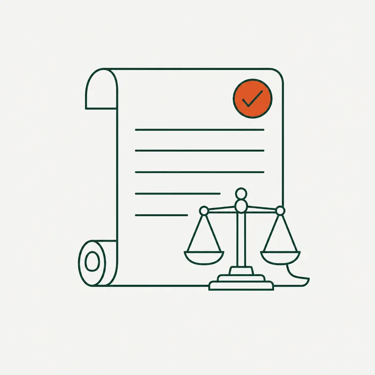 Line drawing of an unrolled document with ruled lines and an orange tick seal, with a balanced set of scales in front of it.