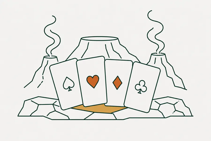 Line drawing of four playing cards fanned across cracked mineral ground with steam curling from two vents behind them.